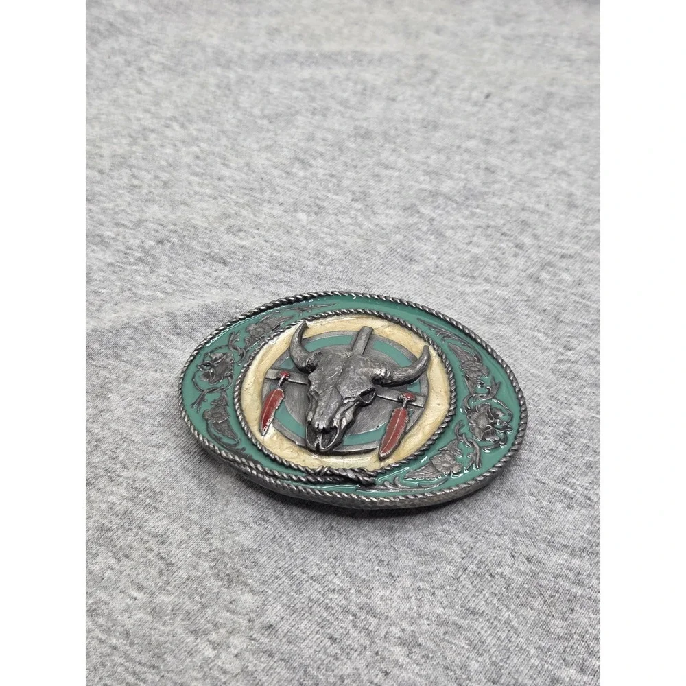 Rare 1981 Siskiyou Buffalo Skull Feathers Green Enamel Native Belt Buckle USA
